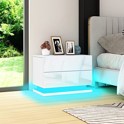 Hochglanz Nachttisch mit RGB LED Beleuchtung Nachtkommode Hölzerne Lagerung Schrank Kommode mit 2 Schubladen für Schlafzimmer Wohnzimmer - Weiß von Senvoziii
