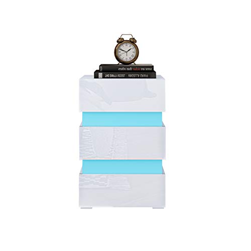 LED Nachtschrank Kommode Nachttisch mit 3 Schubladen Schlafzimmer Holz Hochglanz für Schlafzimmer und Wohnzimmer 45x35x67cm (Weiß) von Senvoziii