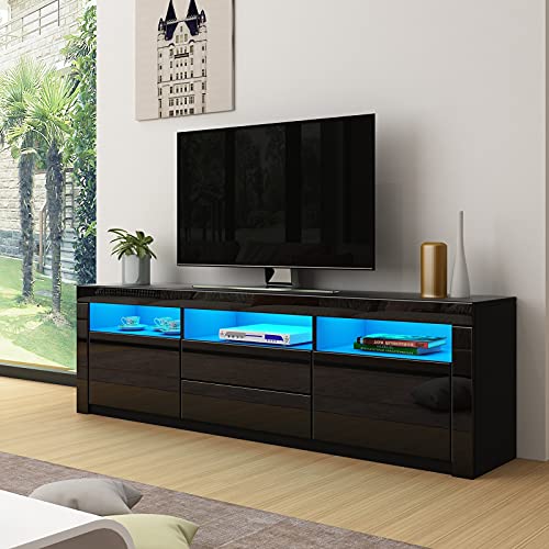 LED TV Schrank Modernes Hochglanz TV Board mit 2 Türen & 2 Schubladen Fernsehschrank für Wohnzimmer Schlafzimmer Möbel, Schwarz, 160 x 35 x 60 cm von Senvoziii