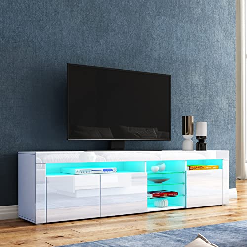 LED TV Schrank Modernes Hochglanz TV Board mit 3 Türen & Glasböden Fernsehschrank für Wohnzimmer Schlafzimmer Möbel, Weiß, 180 x 35 x 53 cm von Senvoziii