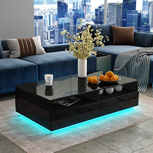 Senvoziii LED Couchtisch für Wohnzimmer, Beistelltisch Moderner Holztisch, Schwarz Glanz Kaffeetisch mit 4 Schubladen Lagerung für Zuhause von Senvoziii