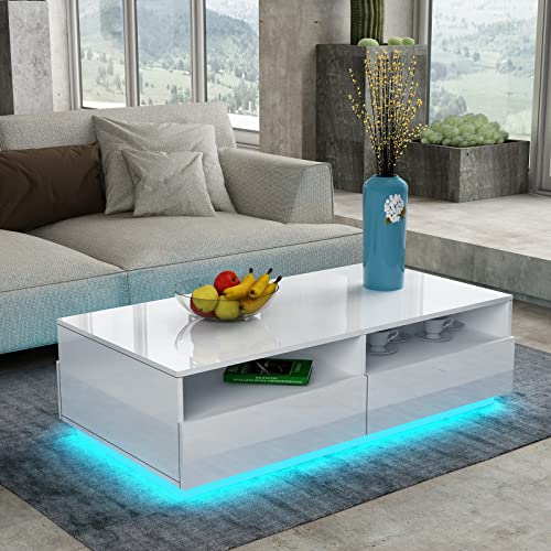 Senvoziii LED Couchtisch für Wohnzimmer, Beistelltisch Moderner Holztisch, Weißer Glanz Kaffeetisch mit 4 Schubladen Lagerung für Zuhause von Senvoziii