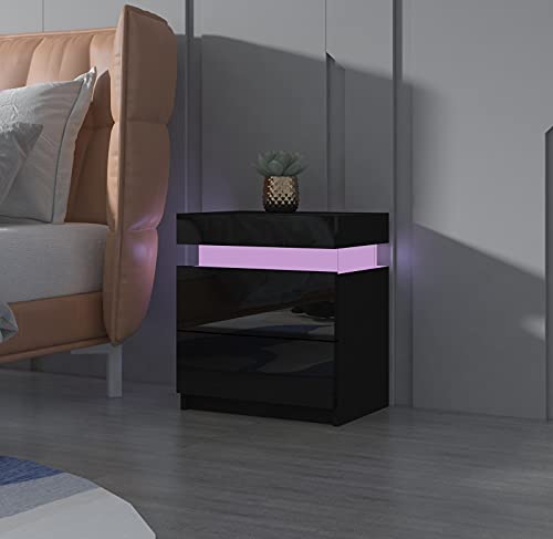 Senvoziii Nachtschrank Kommode mit 2 Schubladen Nachttisch Schubladen Schlafzimmer Hochglanz Beistelltisch RGB LED Beleuchtung - Schwarz von Senvoziii