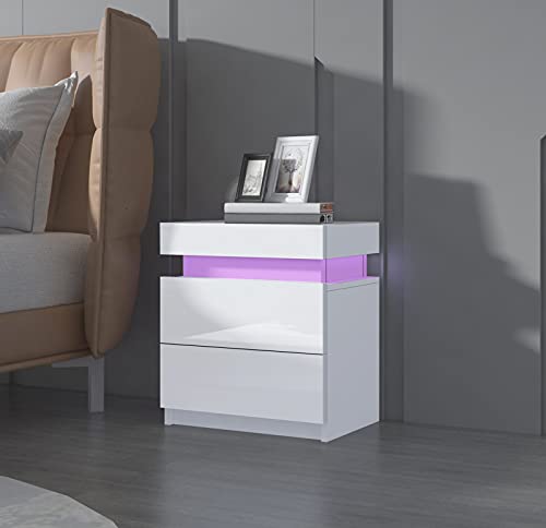 Senvoziii Nachtschrank Kommode mit 2 Schubladen Nachttisch Schubladen Schlafzimmer Hochglanz Beistelltisch RGB LED Beleuchtung - Weiß von Senvoziii