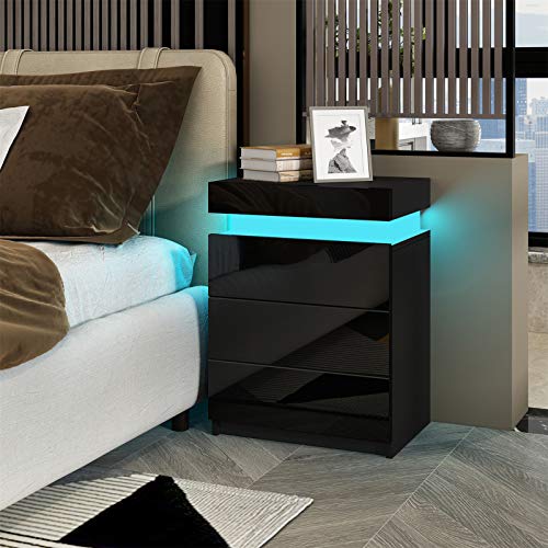 Senvoziii RGB LED Nachttisch Kommode Hochglanz mit 3 Schubladen Nachtschrank Beistelltisch für Schlafzimmer Wohnzimmer Wohnmöbel - Schwarz von Senvoziii