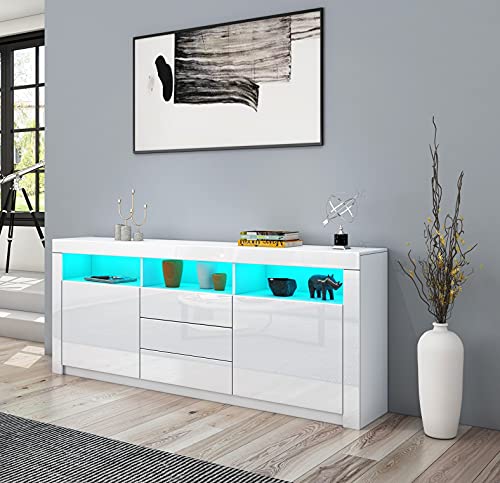 Senvoziii Sideboard Hochglanz Matt Anrichte Schrank mit 2 Türen 3 Schubladen & LED Beleuchtung TV Lowboard Für Esszimmer Wohnzimmer Möbel Weiß von Senvoziii