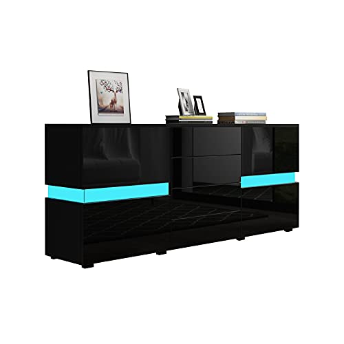 Senvoziii Sideboard Kommode in Hochglanz Schwarz Highboard Anrichte Standschrank mit 2 Türen 4 Schubladen und LED Beleuchtung 177 cm von Senvoziii