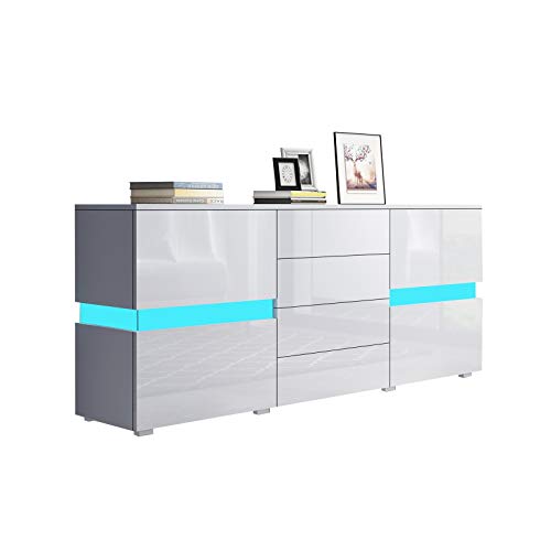 Senvoziii Sideboard Kommode in Hochglanz Weiß Highboard Anrichte Standschrank mit 2 Türen 4 Schubladen und LED Beleuchtung 177 cm von Senvoziii