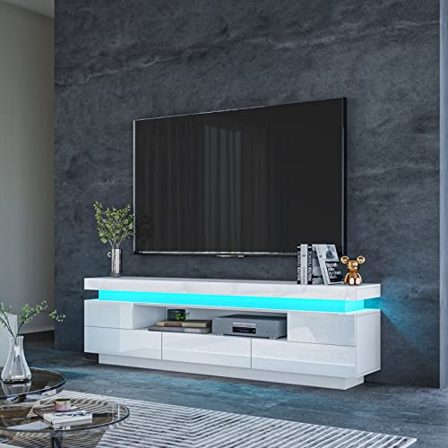 Senvoziii TV Lowboard 150cm Weiß mit 5 Schubladen & Klappdeckel Offenes Regal TV Schrank Fernsehschrank LED Licht für Wohnzimmermöbel 150x35x52 cm von Senvoziii