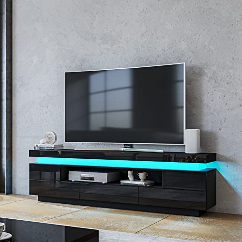 TV Lowboard 150cm Schwarz mit 5 Schubladen & Klappdeckel Offenes Regal TV Schrank Fernsehschrank LED Licht für Wohnzimmermöbel 150x35x52 cm von Senvoziii