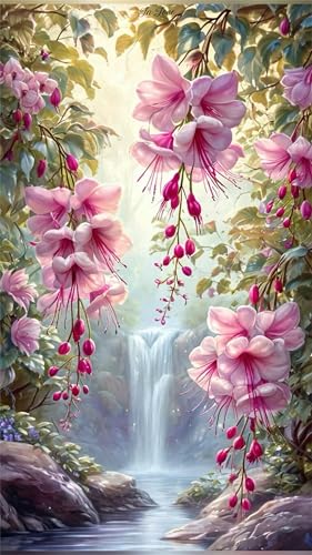 Diamond Painting Groß XXL 100x210cm Runder Steine,Rosa Wasserfall Blume 5D Diamant Painting Set Für Erwachsene DIY Kristall Strass Stickerei Set für Wohnzimmer Dekoration von Senyanr