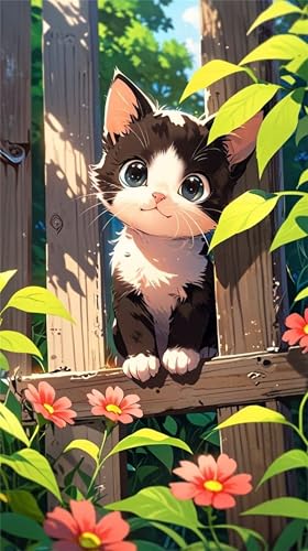 Senyanr 5D Zaun Katze Diamond Painting Runder Steine 20x50cm,Diamond Painting Set für Erwachsene Anfänger Strass Stickerei Diamant Painting Bilder Crystal Art Bastelset von Senyanr