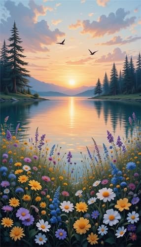 Senyanr Diamond Painting Groß XXL 20x50cm Runder Steine,Sunset Baum Vögel 5D Diamant Painting Set Für Erwachsene DIY Kristall Strass Stickerei Set für Wohnzimmer Dekoration von Senyanr
