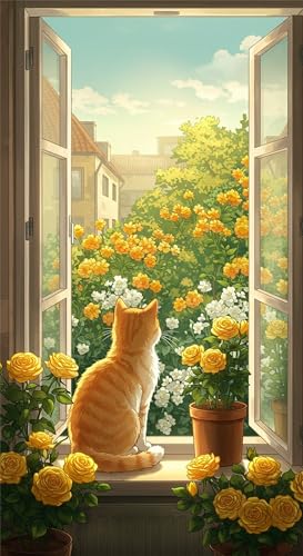 Senyanr Diamond Painting Groß XXL 40x90cm Runder Steine,Fenster Katze 5D Diamant Painting Set Für Erwachsene DIY Kristall Strass Stickerei Set für Wohnzimmer Dekoration von Senyanr