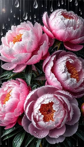Senyanr Diamond Painting Groß XXL 60x130cm Runder Steine,Rosa Pfingstrose Regen 5D Diamant Painting Set Für Erwachsene DIY Kristall Strass Stickerei Set für Wohnzimmer Dekoration von Senyanr