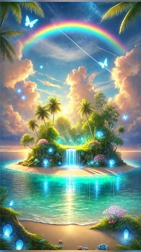Senyanr Diamond Painting Groß XXL 70x150cm Runder Steine,Regenbogeninsel-Baum 5D Diamant Painting Set Für Erwachsene DIY Kristall Strass Stickerei Set für Wohnzimmer Dekoration von Senyanr