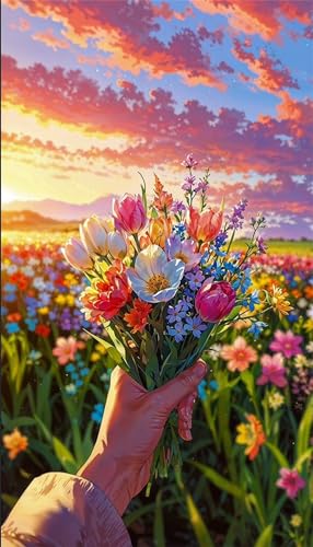 Senyanr Diamond Painting Groß XXL 80x170cm Runder Steine,Sonnenaufgangs-Blumenstrauß 5D Diamant Painting Set Für Erwachsene DIY Kristall Strass Stickerei Set für Wohnzimmer Dekoration von Senyanr