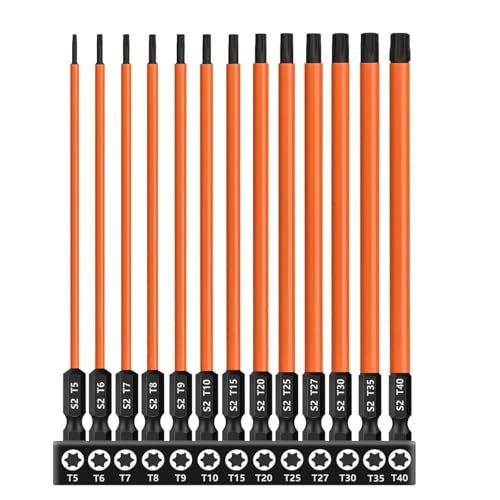 SeonFook 13-teiliges Torx-Schraubendreher-Bit-Set (T5-T40), magnetisches Torx-Kopf-Bohrer-Set, S2-Stahl, 1/4-Zoll-Sechskantschaft, Schlag-Bit mit CNC-gefrästen Spitzen, 6-Punkt-Stern-Bit-Set für von SeonFook