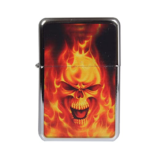 Benzinfeuerzeug American Style Benzin Feuerzeug robust Metall Sturmfeuerzeug Geschenk Outdoor Camping Windfest Wetterfest Designs Farben - Motivserie A (Motiv 16 - Burning Skull) von Sepilo