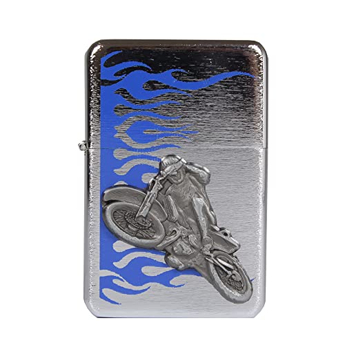 Benzinfeuerzeug American Style Benzin Feuerzeug robust Metall Sturmfeuerzeug Geschenk Outdoor Camping Windfest Wetterfest Designs Farben - Motivserie A (Motiv 19 - Motocross 3D-Relief) von Sepilo