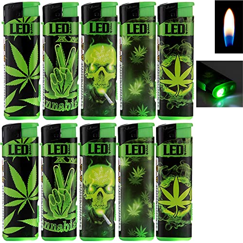 Feuerzeug schwarz grüne Blätter Piezo Soft Flamme Green Leaves Skull mit LED auf Unterseite Gehäuse aus Kunststoff (10) von Sepilo