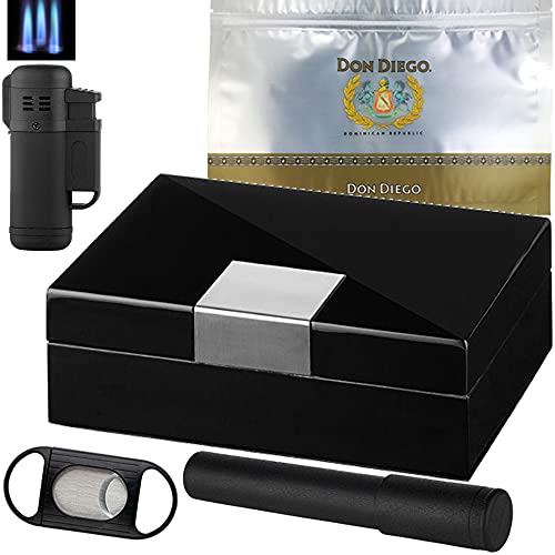 Zigarren Humidor Set Kara - Humidor aussen Pianolack innen Zeder Polymerbefeuchter und Hygrometer magnetisch frei positionierbar inkl. Cutter Tube 2-Flammen Jet Feuerzeug von Sepilo