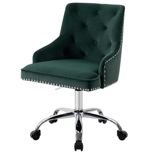 Sepnine Bürostuhl Samt, Schreibtischstuhl Aesthetic Mädchen, Schminkstuhl mit Rollen, Drehstuhl mit Silbernen Stuhlbeinen, Höhenverstellbar, Studie, Büro, Schlafzimmer, Bis 135 kg, Dunkelgrün von Sepnine