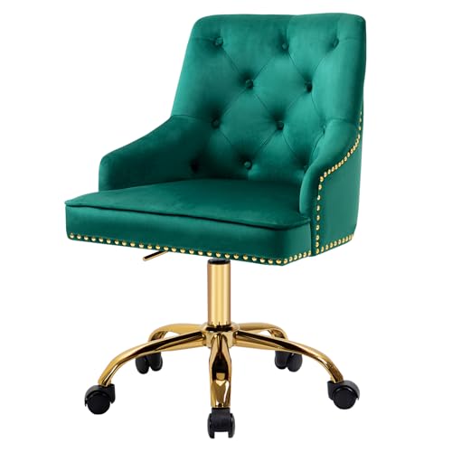 Sepnine Bürostuhl Samt, Schreibtischstuhl Aesthetic Mädchen, Schminkstuhl mit Rollen, Drehstuhl mit Goldenen Stuhlbeinen, Höhenverstellbar, Studie, Büro, Schlafzimmer, Bis 135 kg, Grün von Sepnine