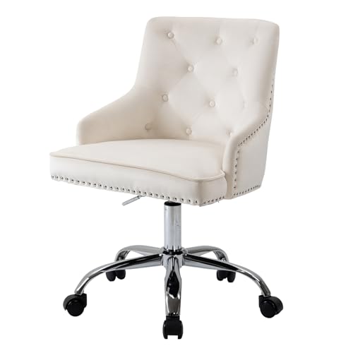 Sepnine Bürostuhl Samt, Schreibtischstuhl Aesthetic Mädchen, Schminkstuhl mit Rollen, Drehstuhl mit Silbernen Stuhlbeinen, Höhenverstellbar, Studie, Büro, Schlafzimmer, Bis 135 kg, Weiß von Sepnine