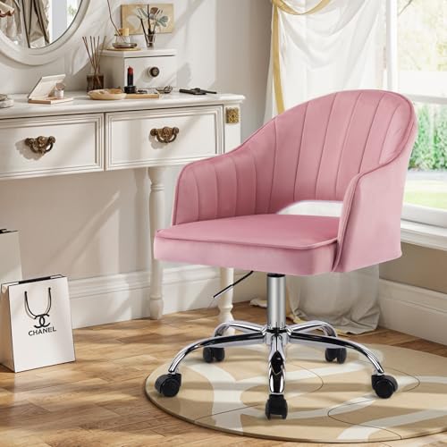 Sepnine Bürostuhl aus Samt, Schreibtischstuhl Mädchen, Schminktisch Stuhl Samt, Drehstuhl mit Rollen, mit U-förmiger Rückenlehne, Höhenverstellbar, Ergonomisch, Büro, Schlafzimmer, Bis 135 kg, Rosa von Sepnine
