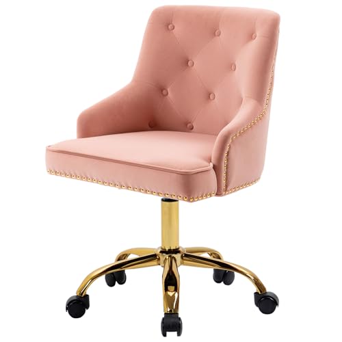 Sepnine Bürostuhl Samt, Schreibtischstuhl Aesthetic Mädchen, Schminkstuhl mit Rollen, Drehstuhl mit Goldenen Stuhlbeinen, Höhenverstellbar, Studie, Büro, Schlafzimmer, Bis 135 kg, Rosa von Sepnine