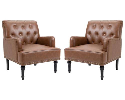 Sepnine Kunstleder Lounge Sessel,Bequemer Eleganter Couchsessel,Klassischer Einzelsessel mit Nieten und Holzbeinen für Wohnzimmer Schlafzimmer,150 kg belastbar,2er Set von Sepnine