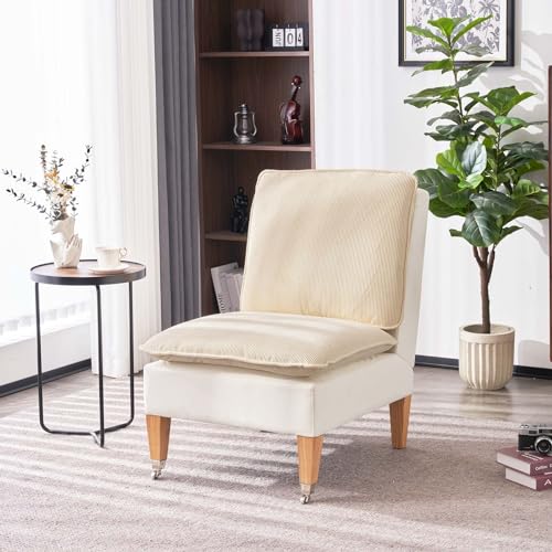Sepnine Armloser Sessel, Moderner Lesesessel aus Cordsamt, Loungesessel für Schlafzimmer mit Zwei Rädern, geeignet für Wohnzimmer, Schlafzimmer und Empfangsbereich, Karamell (Weiß) von Sepnine