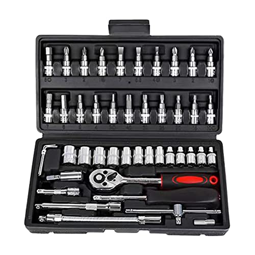 Seprendi 46-teiliges Auto-Reparatur-Werkzeug-Set mit Ratsche und Spinnergriff in Schwarz aus Chrom-Vanadium-Stahl von Seprendi