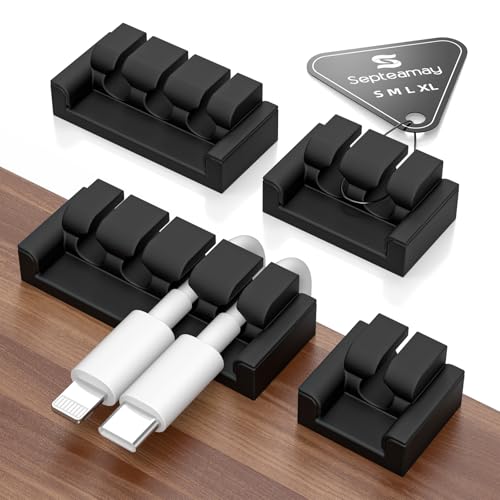 Septeamay 4 Stück Kabelhalter Kabelclips, Mehrzweck Kabel Organizer, Schwarz Kabelhalter Selbstklebend, kabelmanagement für Schreibtisch, Netzkabel, Ladegeräte, USB Ladekabel, Audiokabel von Septeamay