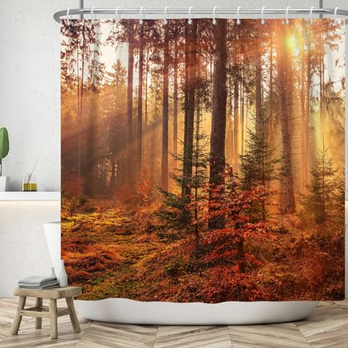 Duschvorhang Herbstwald Antischimmel Textil Wasserabweisend, Waschbar Polyester Badevorhänge Mit Ösen Und Duschvorhangringe,Für Badezimmer, Badewanne120X200 von Septem