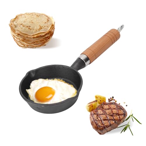 10 cm Große Mini Gusseisen Bratpfannen mit Ergonomischer Holzgriff, Hochtemperaturbeständig und Gleichmäßige Wärmeverteilung, Mini Antihaft Pfanne für Gebackene Kekse, Brownie, Eierkuchen von Septpenta