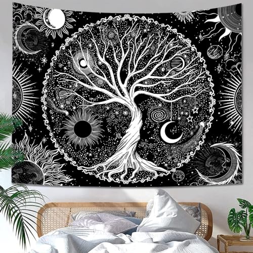 Sequpr Baum des Lebens Wandteppich Sonne Mond Tapisserie Schwarz Wandbehang Wandtuch Wanddeko Wandteppich für Schlafzimmer Wohnzimmer Wohnheim (130x150cm) von Sequpr