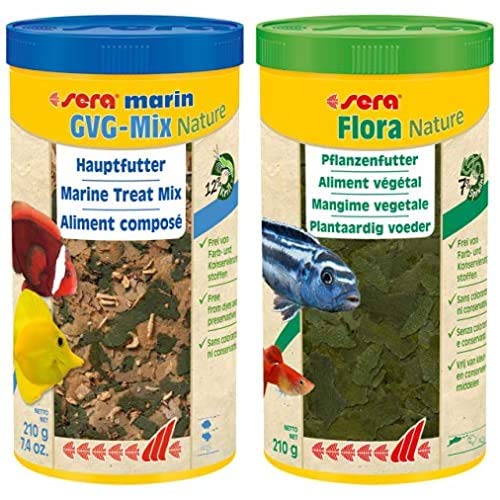 sera Bundle Meerwasser Futter Set bestehend aus marin GVG-Mix 1 Ltr. (mit 3,6% Krill, Seealgen & Haematococcus-Algen) und Flora 1 Ltr. (mit 7% Spirulina) für z.B. Doktorfische von sera