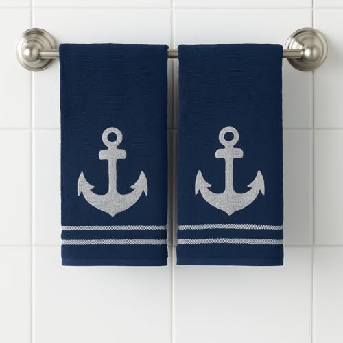 Coastal Nautical Gäste-Badezimmer-Handtuch-Set, besticktes Anker-Design, 2-teiliges Set, blau-weiß, 40,6 x 63,5 cm, 100 % Baumwolle, weich saugfähig von Serafina Home