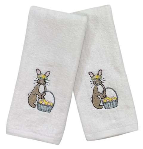 Luxuriöse Oster-Frottee-Handtücher: weißes Handtuch mit besticktem blauen Hasen-Silhouette-Applikation und Blumen (Design 3) von Serafina Home