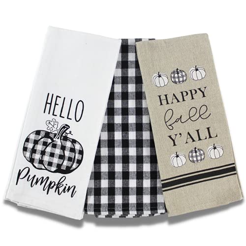 Serafina Home Farmhouse Geschirrtücher: Herbst schwarz und weiß Gingham und bedruckte Kürbisse mit Herbstgrüßen (Design 3) von Serafina Home