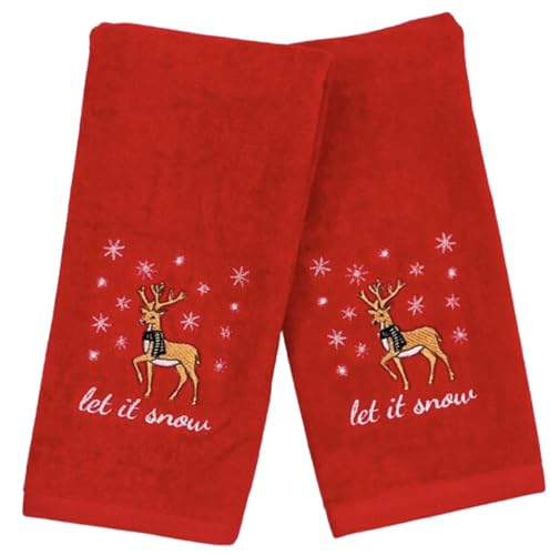 Serafina Home Holiday Christmas Gästehandtücher: Country Farmhouse Rot Frottee Handtücher mit Rentier Let it Snow bestickt Serafina Home Holiday Christmas Gästehandtücher: Country Farmhouse Rot Frottee Handtücher mit Rentier Let it Snow bestickt von Serafina Home