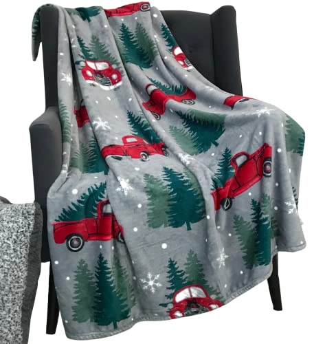 Serafina Home Überwurfdecke für Weihnachtsfeiertag: samtweicher, strapazierfähiger Fleece-Akzent für Bett oder Couch (rustikaler roter LKW mit Baum auf Grau, 127 x 152,4 cm) von Serafina Home