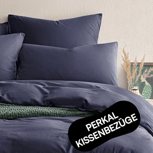 Seralino Perkal Bio Baumwolle Kissenbezug 40 x 80 Baumwolle 2er Set Dunkelblau| 100% Perkal (weich angeraut)| atmungsaktiv| Kopfkissenbezug 40x80 mit Reißverschluss | Bio Bettwäsche|Oeko-Tex von Seralino