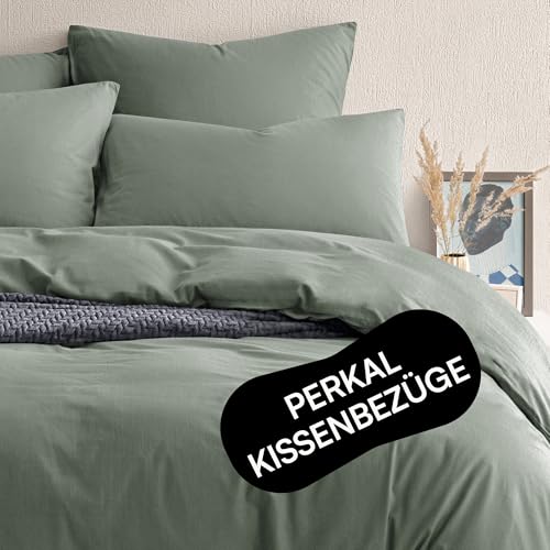 Seralino Perkal Kissenbezug Set 40x80 cm Grün (2er Set) 100% Bio Baumwolle Kissenbezüge weich angeraut |40x80 Kissenhülle mit Reißverschluss| Kopfkissen 40x80 Bezug Bio Bettwäsche von Seralino