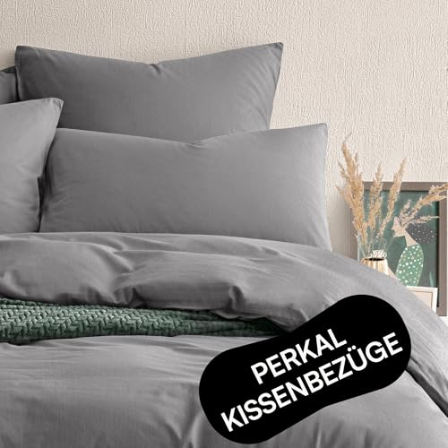 Seralino Bio Perkal Kissenbezug 80x80 Dunkelgrau (2er Set) | 100% Bio Baumwolle Kissenbezug (weich angeraut)| atmungsaktiv|Kopfkissenbezug 80x80 Baumwolle mit Reißverschluss | Bio Bettwäsche|Oeko-Tex von Seralino