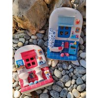 Handgefertigte Keramik Badezimmer Wand Dekor Rote Toilette & Blaue Set von SeramikDenizi