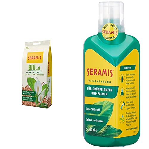 Seramis Bio-Pflanz-Granulat für Pflanzen und Kräuter, 6 l & 730413 Vitalnahrung für Grünpflanzen und Palmen, 500 ml – Pflanzendünger für optimales Wachstum, Flüssigdünger mit praktischer Dosierhilfe von Seramis