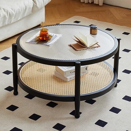 Couchtisch Holz Schwarz 80cm Kleiner Couchtisch Rund Mit Rattan Ablagen Modern Wohnzimmertisch Glass Sofatisch Klein Kaffeetisch Wohnzimmer Für Wohnzimmer Schlafzimmer Büro (Color : Black) von SeraphicCharm